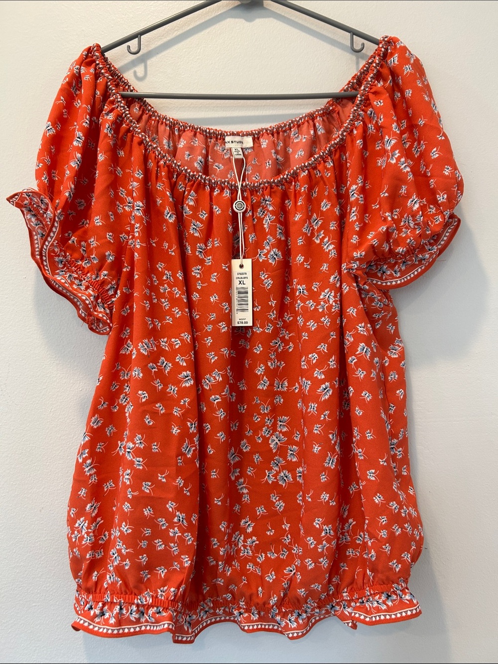 Max Studio Orange Floral Off-Shoulder Peasant Blouse